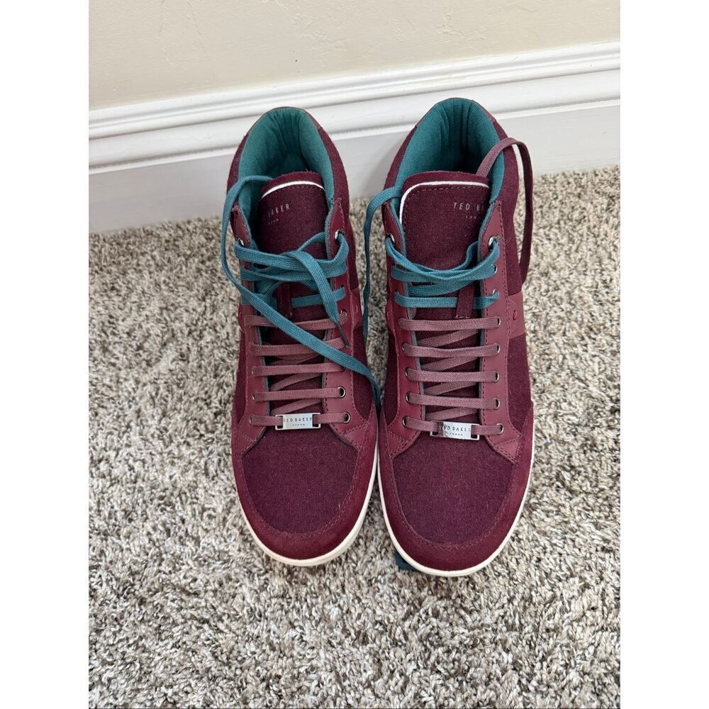 New TED BAKER London $195  Burgundy Felt Colorblock Miykal Hi Top Sneakers US 9,